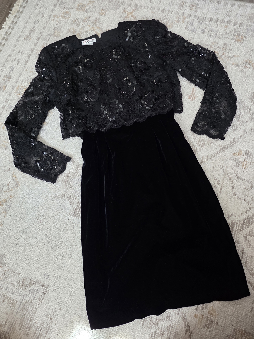 Talbots Black Sequin Lace Bodice Velvet Midi Dress Vintage